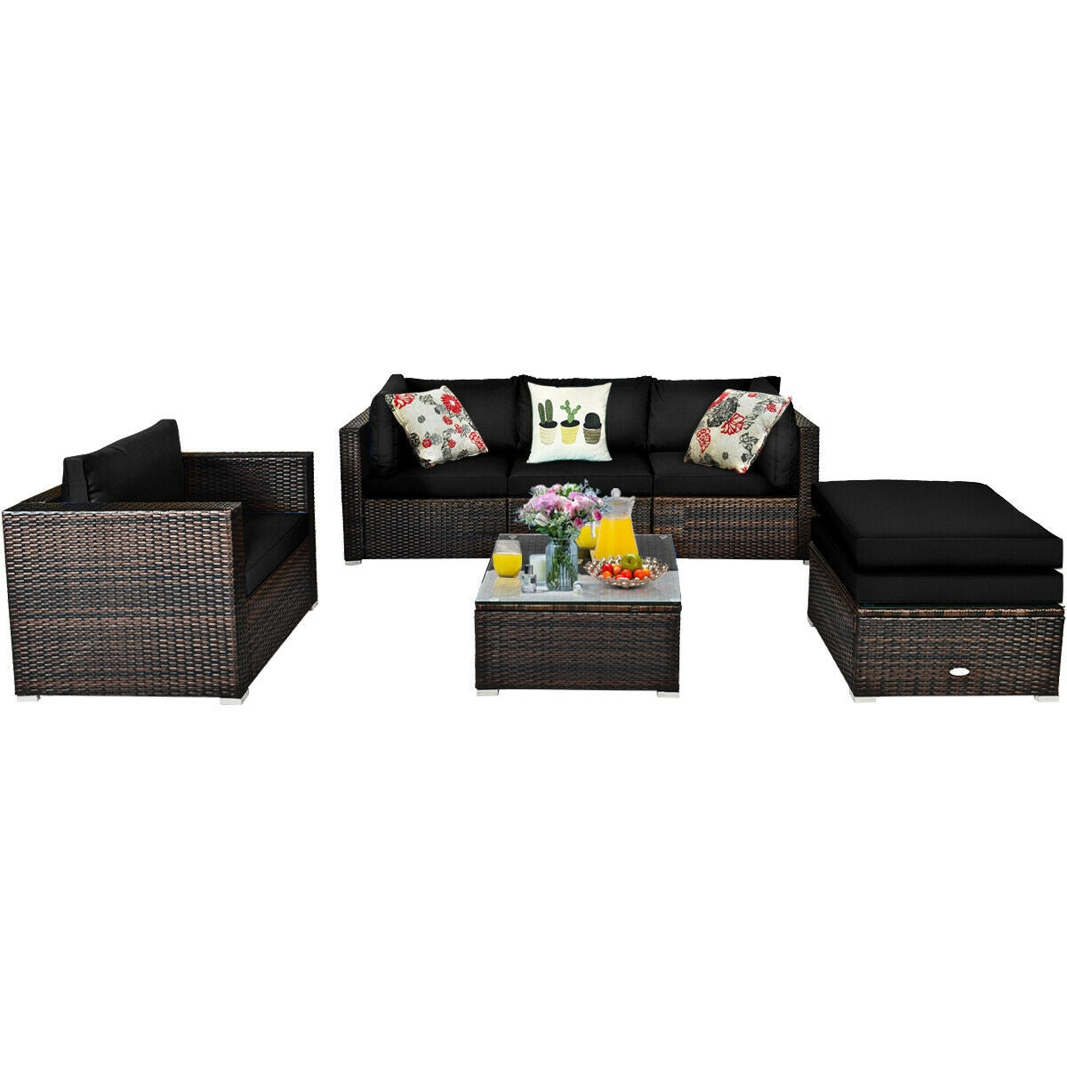 6 Pieces Patio Rattan Furniture Set with Sectional Cushion, Black Outdoor Sectionals at Gallery Canada