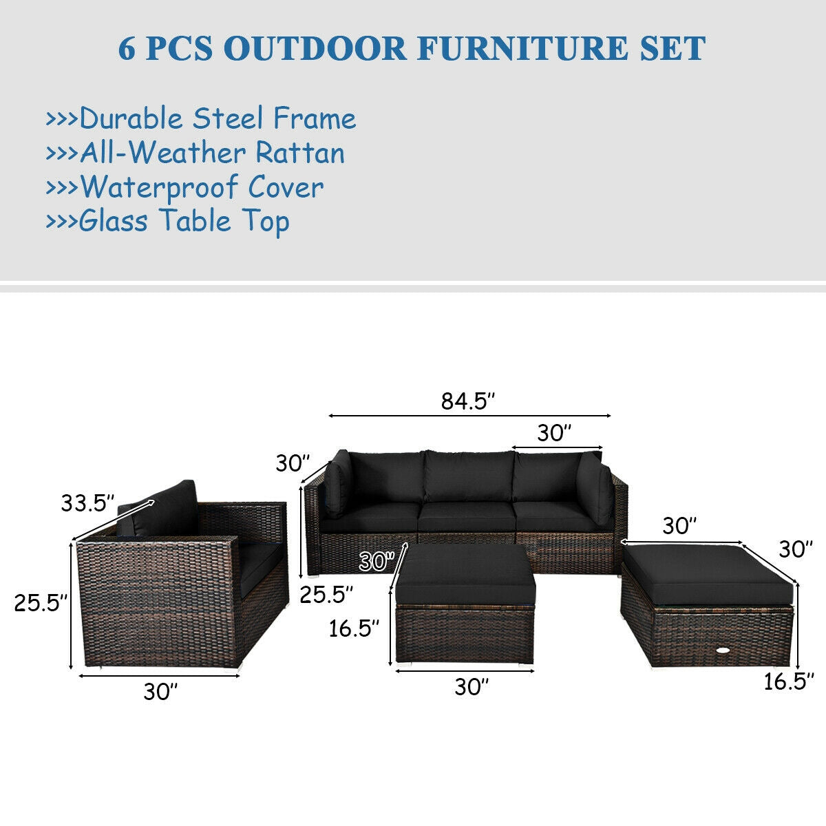 6 Pieces Patio Rattan Furniture Set with Sectional Cushion, Black Outdoor Sectionals at Gallery Canada