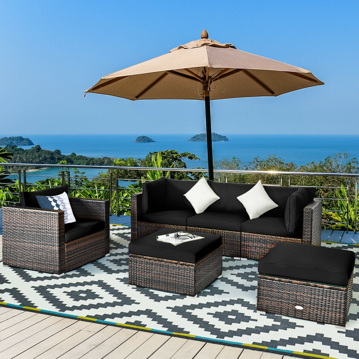 6 Pieces Patio Rattan Furniture Set with Sectional Cushion, Black Outdoor Sectionals at Gallery Canada