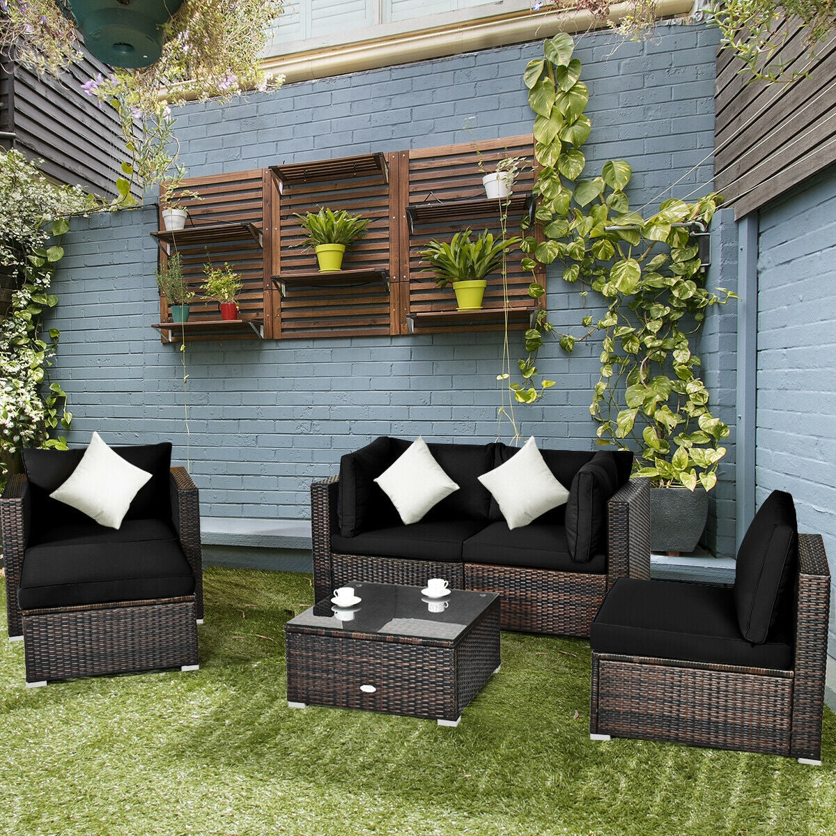 6 Pieces Patio Rattan Furniture Set with Sectional Cushion, Black Outdoor Sectionals at Gallery Canada