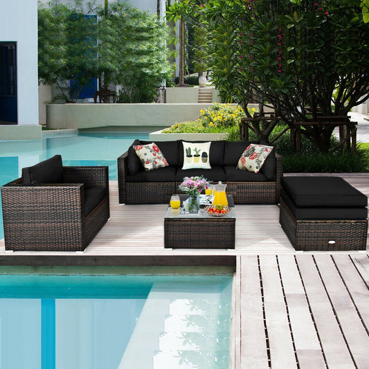 6 Pieces Patio Rattan Furniture Set with Sectional Cushion, Black - Gallery Canada
