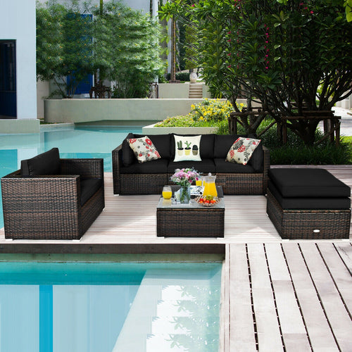 6 Pieces Patio Rattan Furniture Set with Sectional Cushion, Black