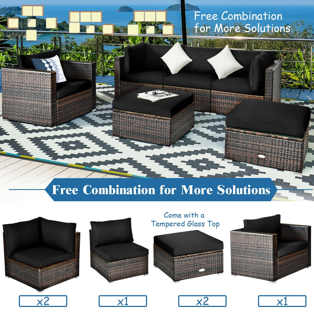 6 Pieces Patio Rattan Furniture Set with Sectional Cushion, Black Outdoor Sectionals at Gallery Canada