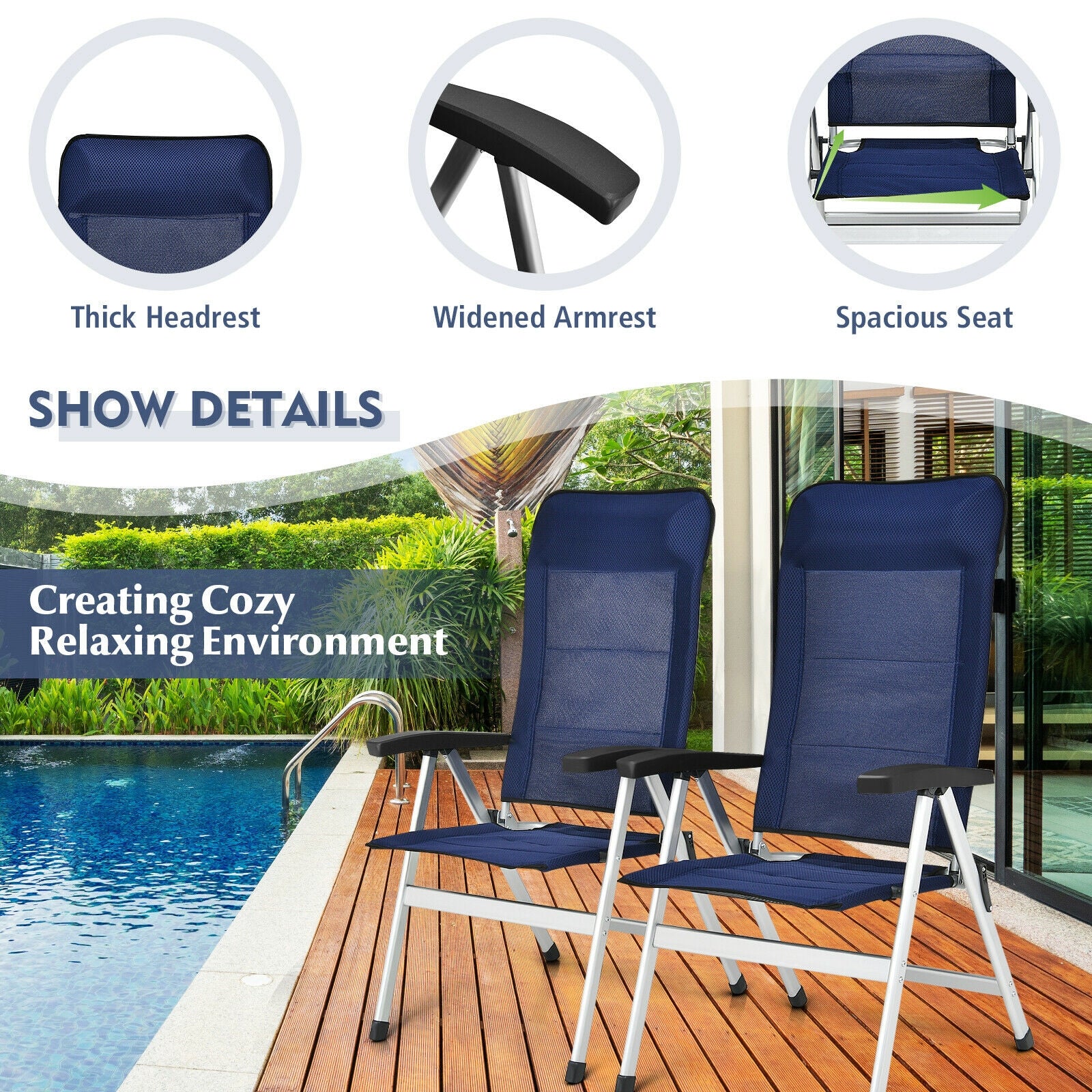 2Pcs Patio Dining Chair with Adjust Portable Headrest, Blue Patio Dining Chairs at Gallery Canada