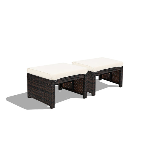 Patio Rattan Ottomans With Soft Cushion, 2 Pieces, White