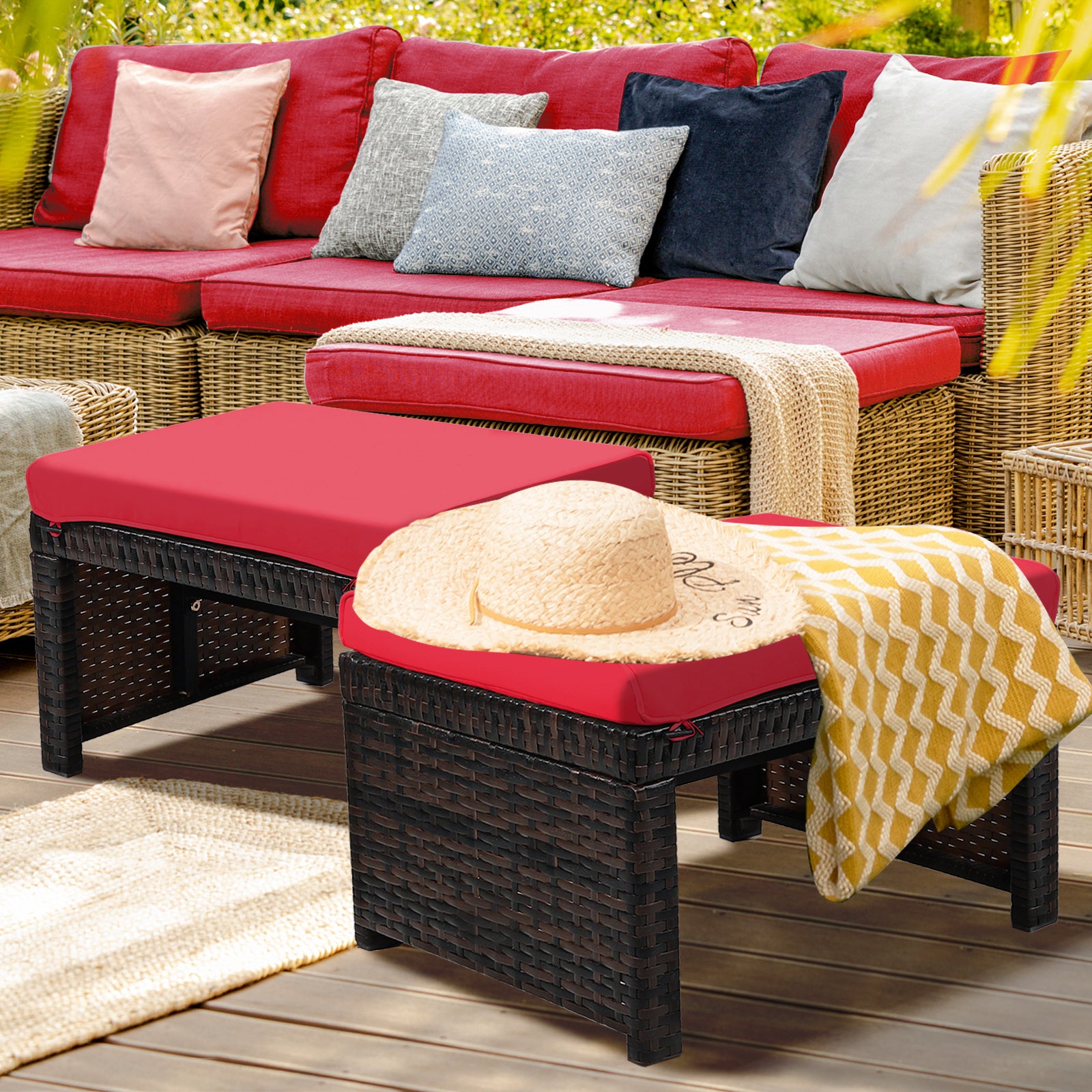 2 Pieces Patio Rattan Ottomans with Soft Cushion for Patio and Garden, Red Outdoor Seating & Patio Chairs at Gallery Canada