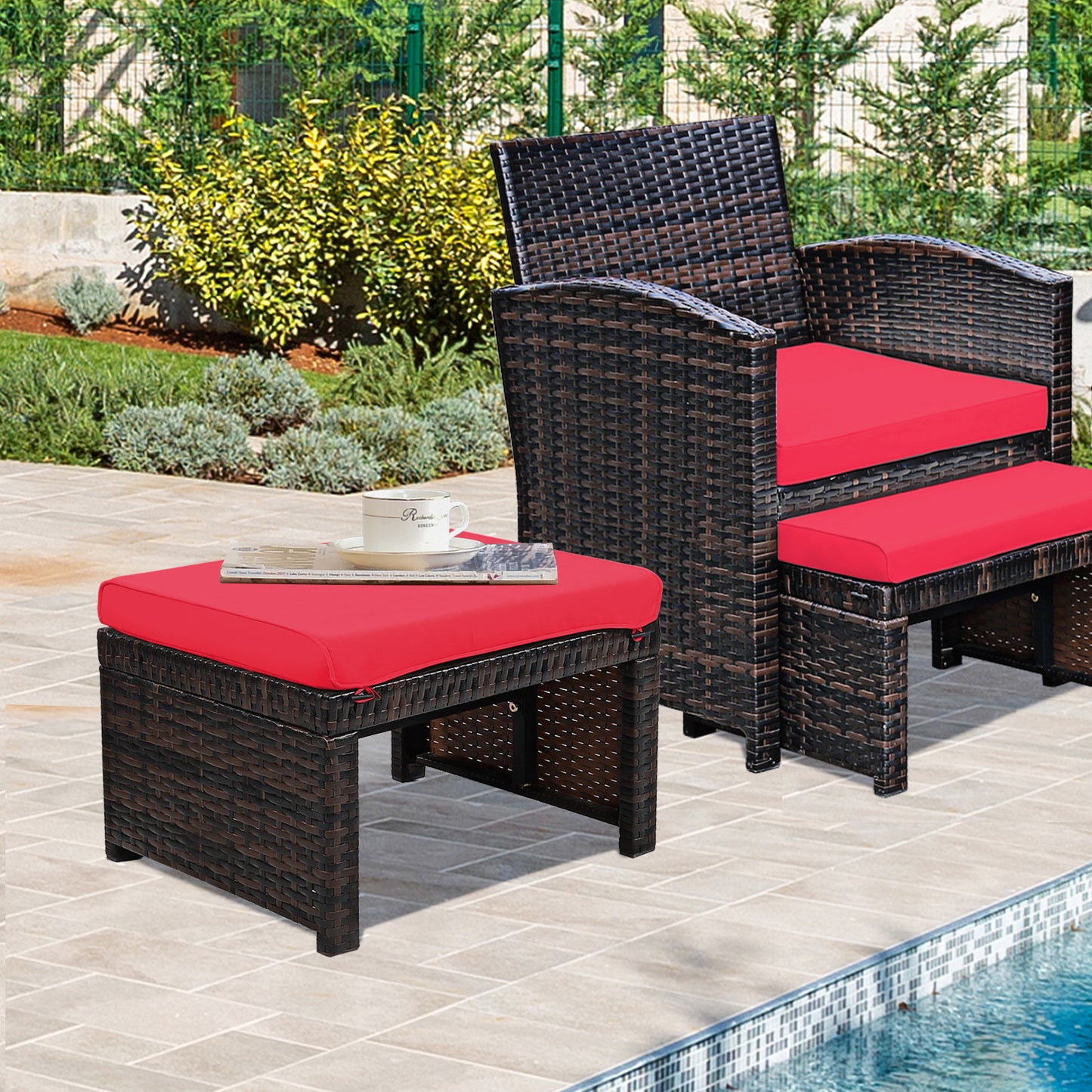 2 Pieces Patio Rattan Ottomans with Soft Cushion for Patio and Garden, Red Outdoor Seating & Patio Chairs at Gallery Canada