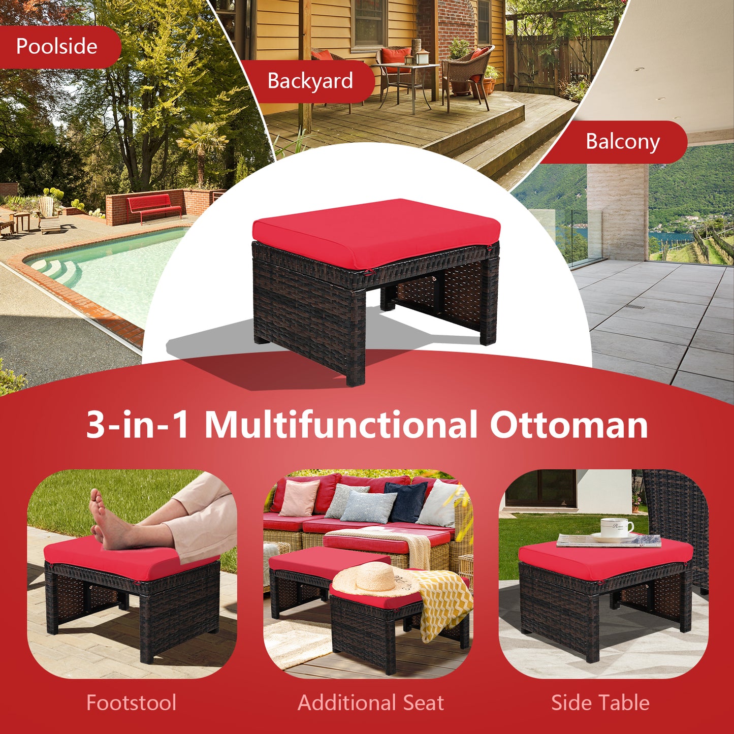 2 Pieces Patio Rattan Ottomans with Soft Cushion for Patio and Garden, Red Outdoor Seating & Patio Chairs at Gallery Canada