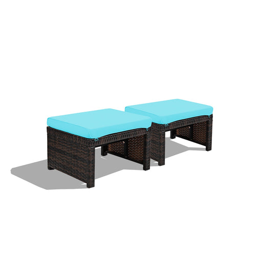 Patio Rattan Ottomans With Soft Cushion, 2 Pieces, Turquoise