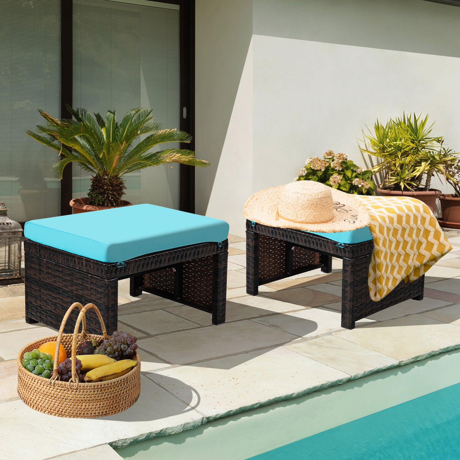 2 Pieces Patio Rattan Ottomans with Soft Cushion for Patio and Garden, Turquoise Outdoor Seating & Patio Chairs at Gallery Canada