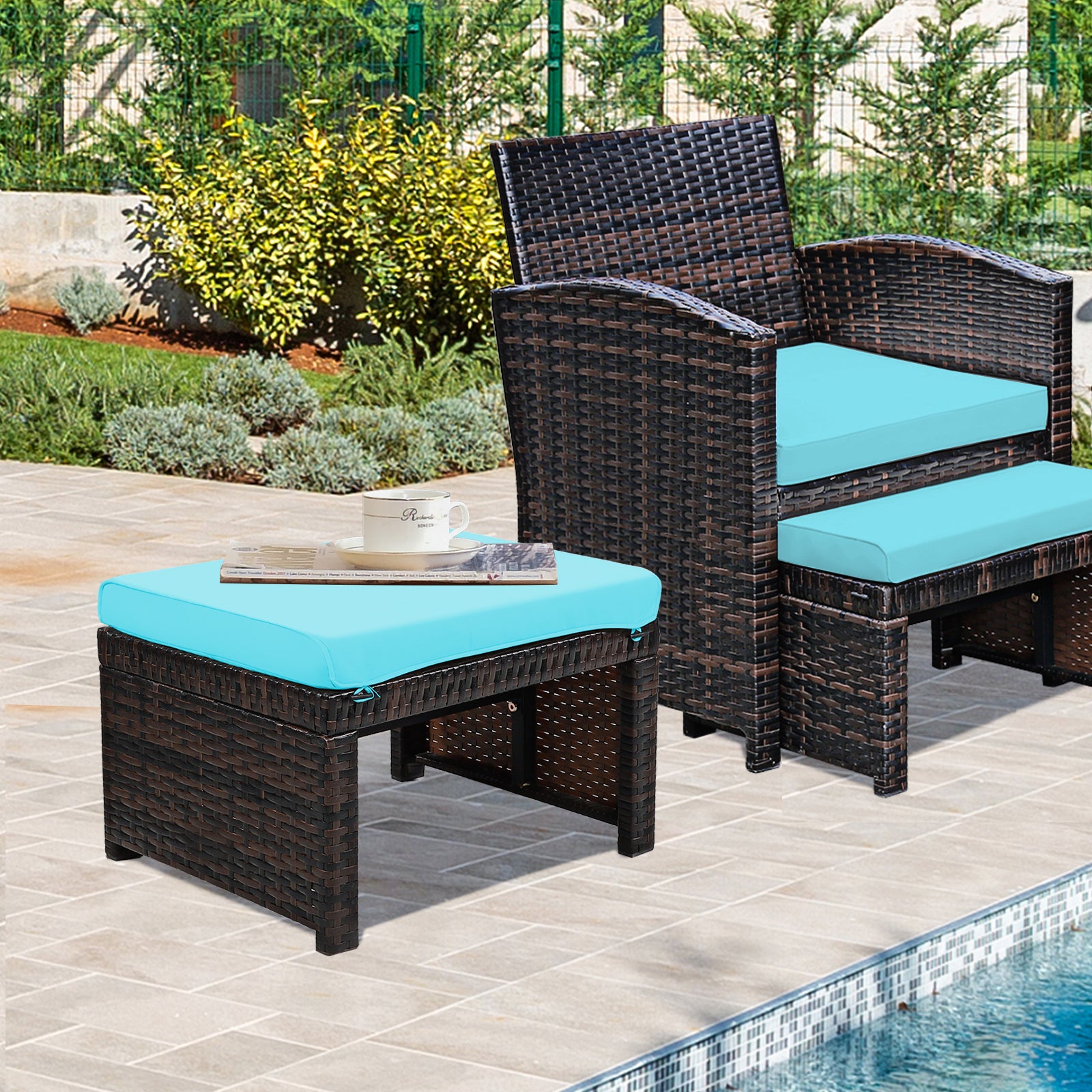 2 Pieces Patio Rattan Ottomans with Soft Cushion for Patio and Garden, Turquoise Outdoor Seating & Patio Chairs at Gallery Canada