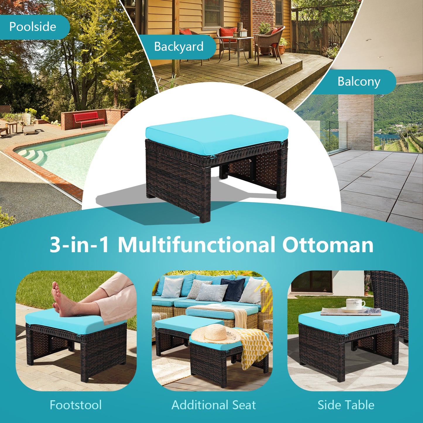 2 Pieces Patio Rattan Ottomans with Soft Cushion for Patio and Garden, Turquoise Outdoor Seating & Patio Chairs at Gallery Canada