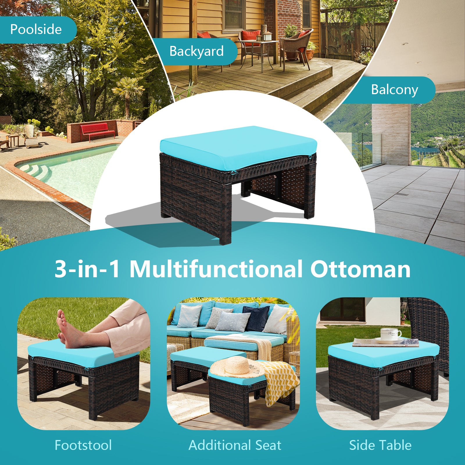2 Pieces Patio Rattan Ottomans with Soft Cushion for Patio and Garden, Turquoise Outdoor Seating & Patio Chairs at Gallery Canada