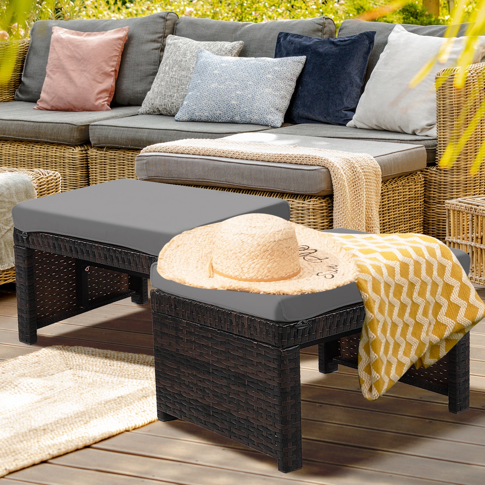 2 Pieces Patio Rattan Ottomans with Soft Cushion for Patio and Garden, Gray Outdoor Seating & Patio Chairs at Gallery Canada