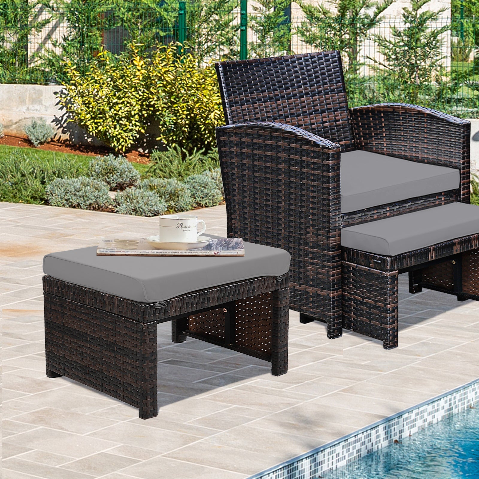 2 Pieces Patio Rattan Ottomans with Soft Cushion for Patio and Garden, Gray Outdoor Seating & Patio Chairs at Gallery Canada
