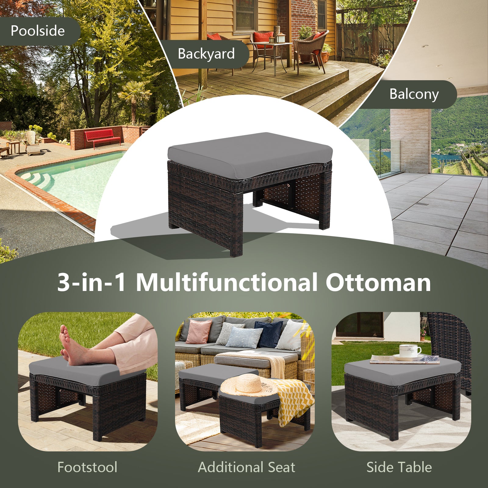 2 Pieces Patio Rattan Ottomans with Soft Cushion for Patio and Garden, Gray Outdoor Seating & Patio Chairs at Gallery Canada