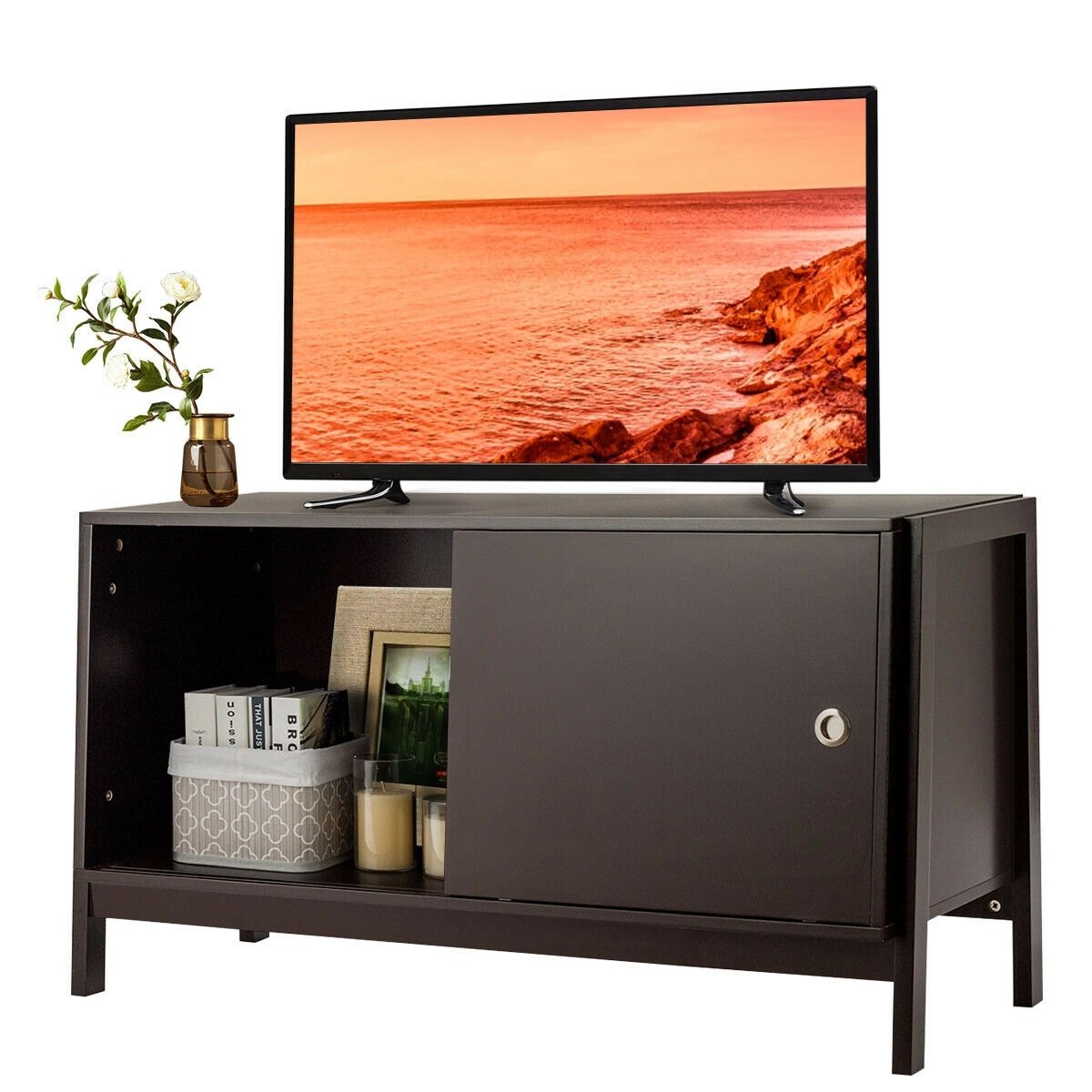 TV Stand Modern Entertainment Cabinet with Sliding Doors, Dark Brown - Gallery Canada
