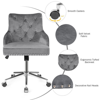 Tufted Upholstered Swivel Computer Desk Chair with Nailed Tri, Gray - Gallery Canada