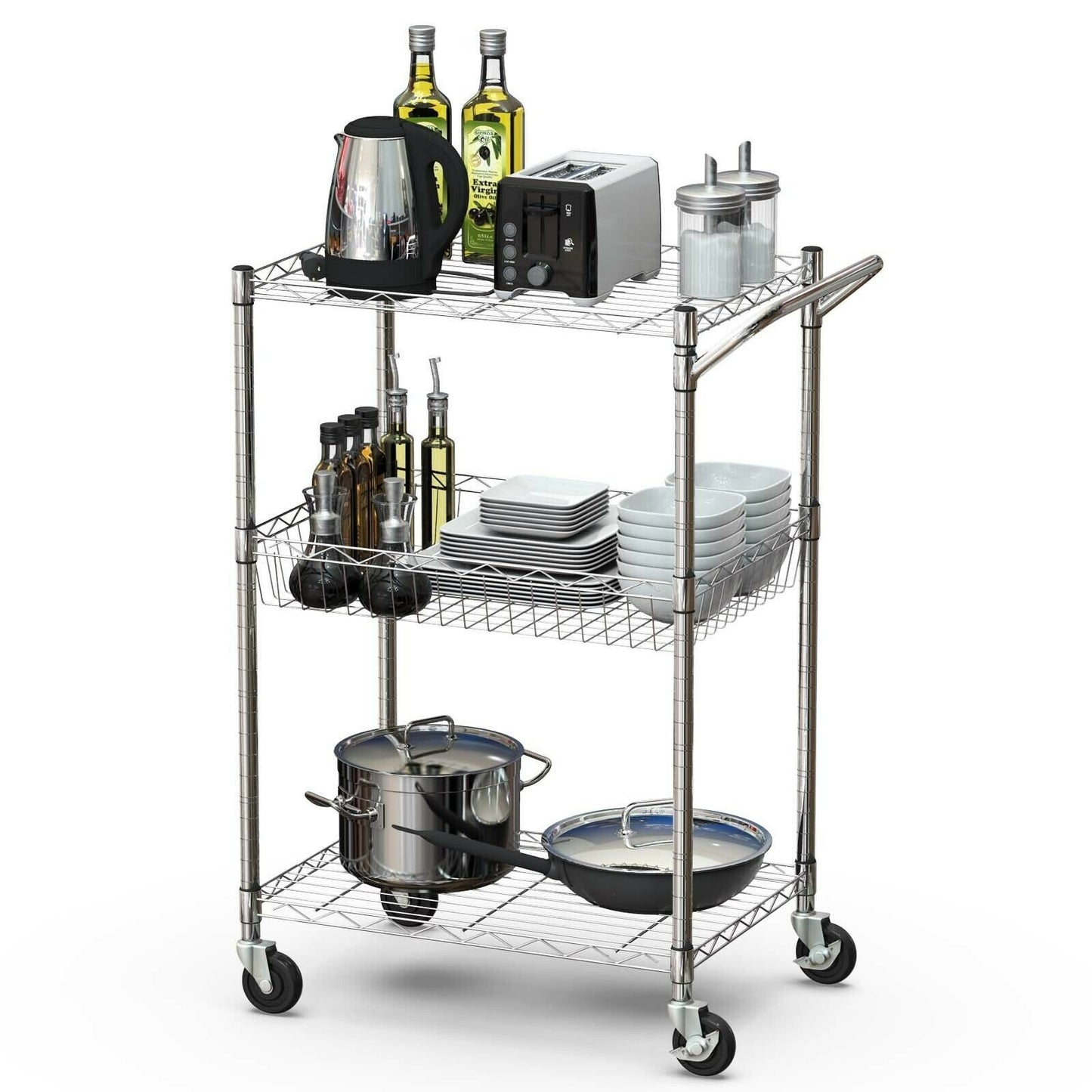 3-Tier Rolling Utility Cart with Handle Bar and Adjustable Shelves, Silver - Gallery Canada