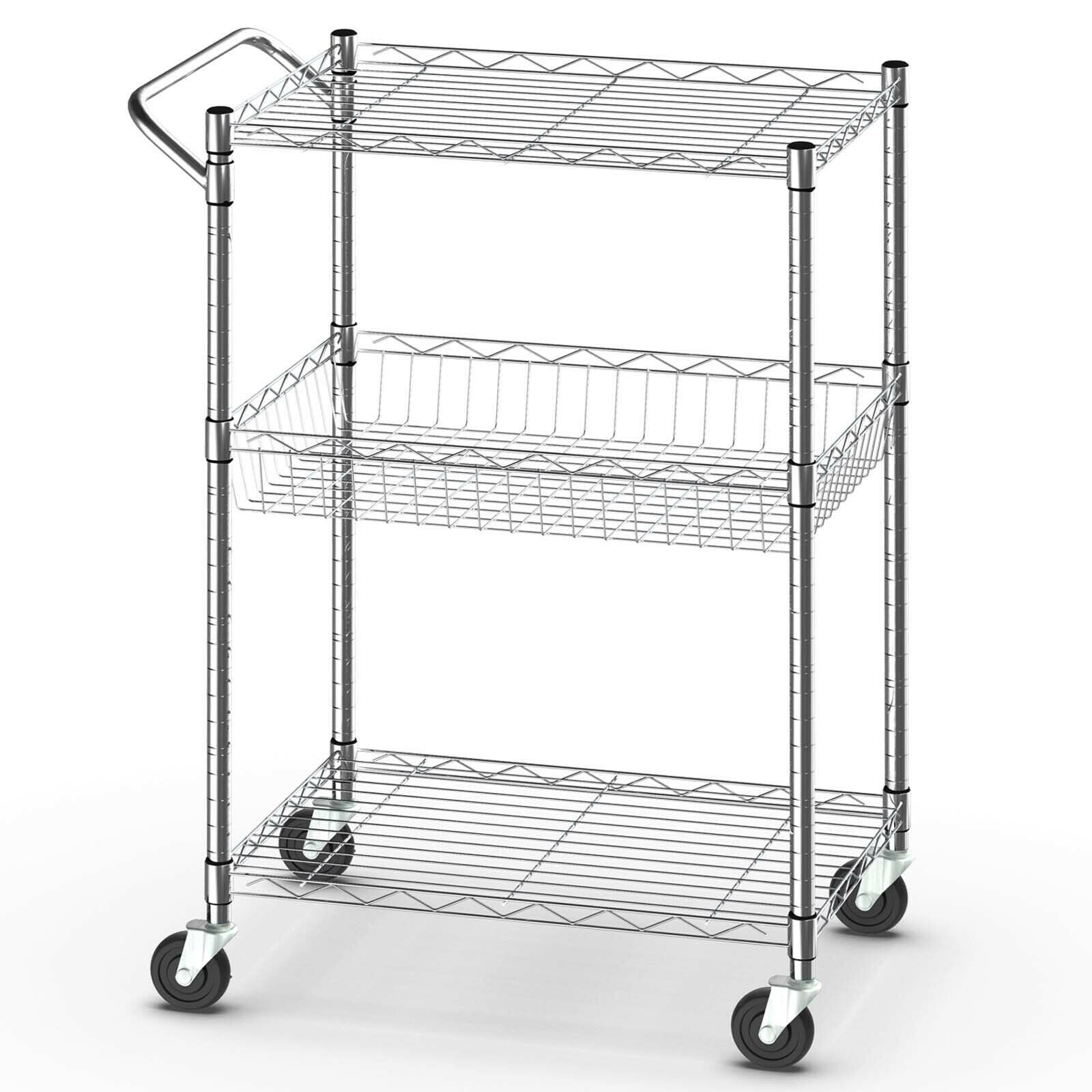 3-Tier Rolling Utility Cart with Handle Bar and Adjustable Shelves, Silver - Gallery Canada