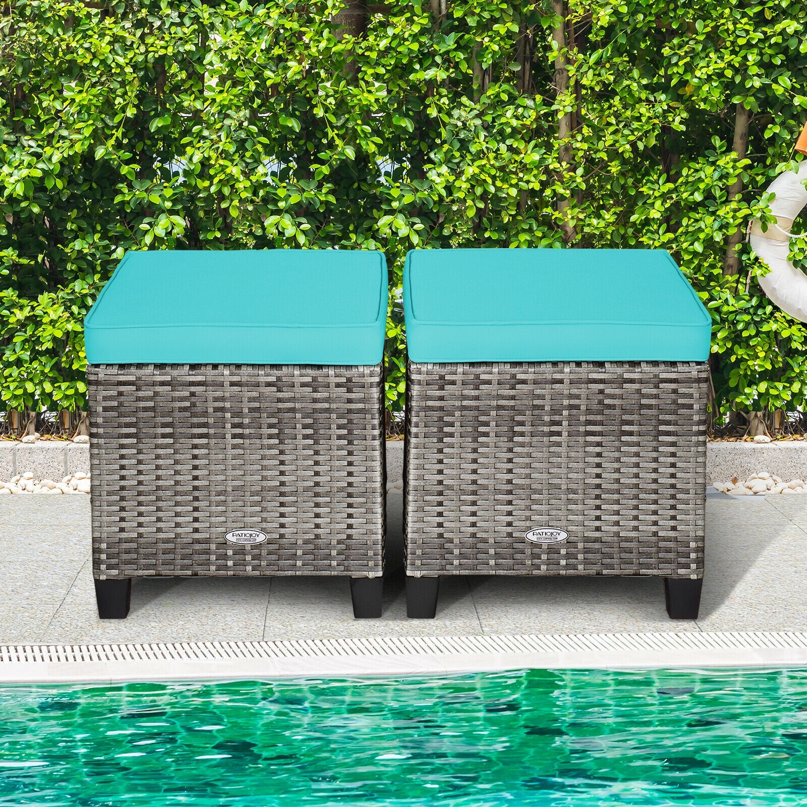 2PCS Patio Rattan Wicker Ottoman Seat with Removable Cushions, Turquoise Outdoor Seating & Patio Chairs at Gallery Canada
