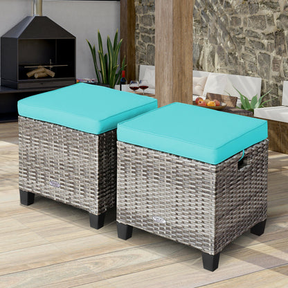 2PCS Patio Rattan Wicker Ottoman Seat with Removable Cushions, Turquoise Outdoor Seating & Patio Chairs at Gallery Canada