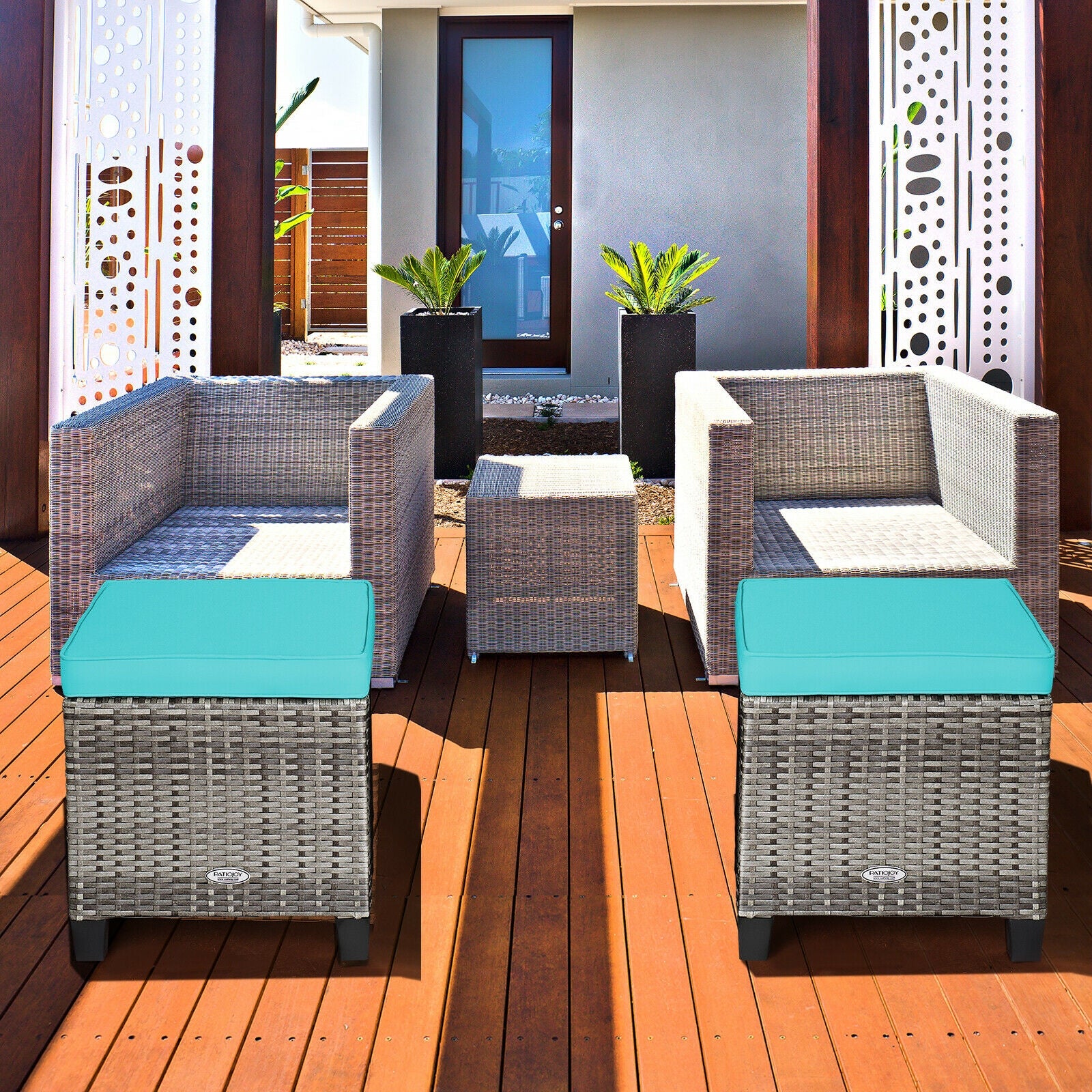 2PCS Patio Rattan Wicker Ottoman Seat with Removable Cushions, Turquoise Outdoor Seating & Patio Chairs at Gallery Canada