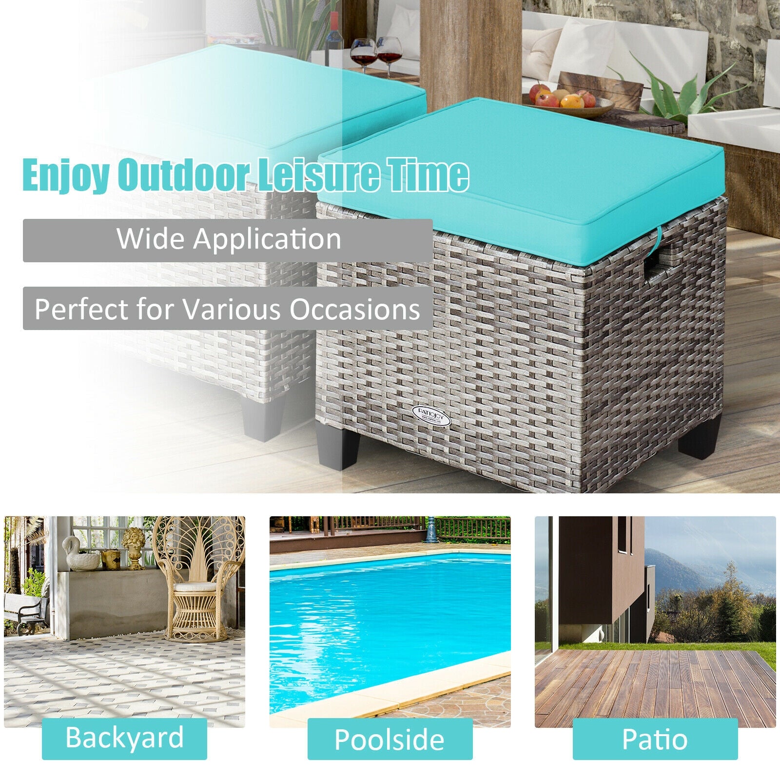 2PCS Patio Rattan Wicker Ottoman Seat with Removable Cushions, Turquoise Outdoor Seating & Patio Chairs at Gallery Canada