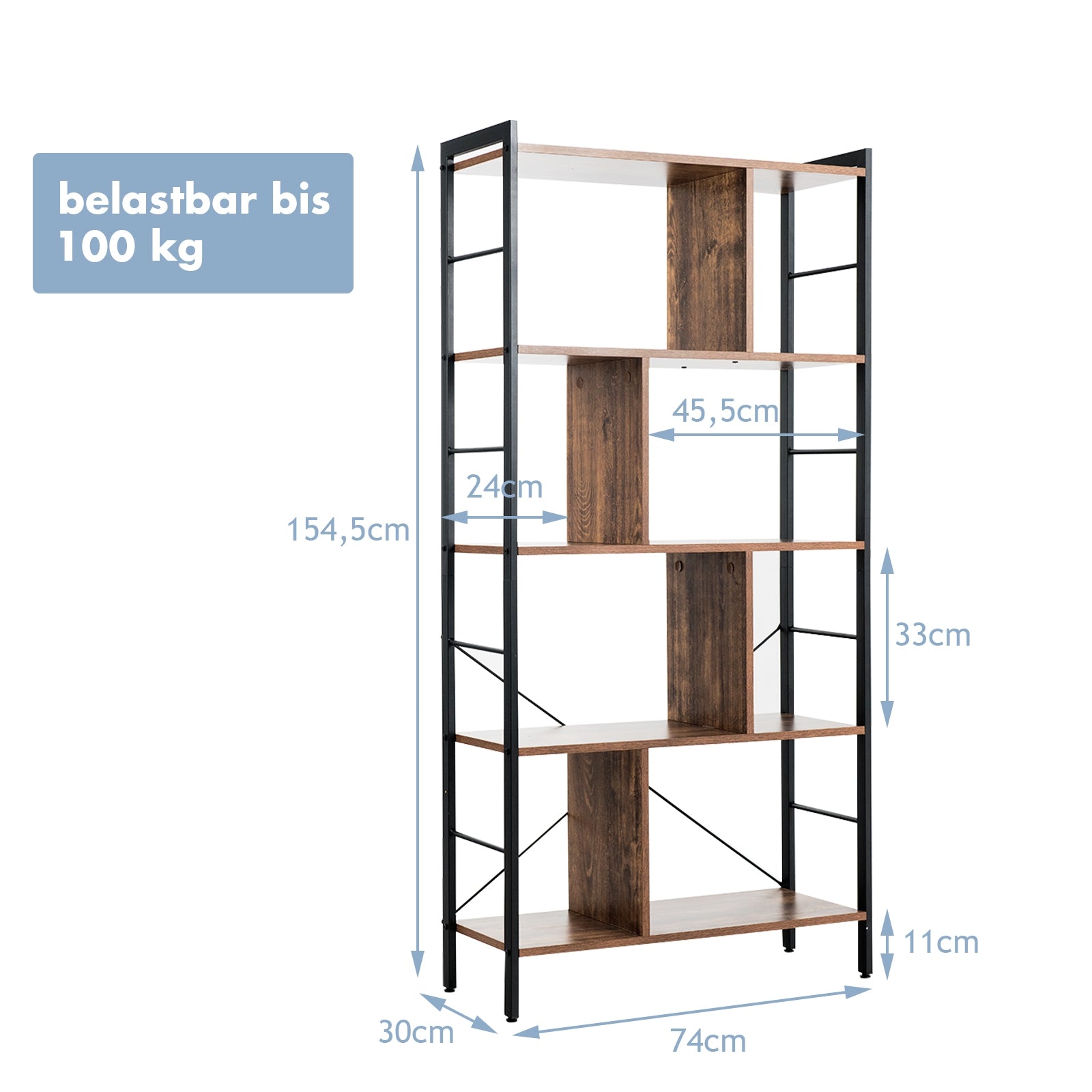 4-Tier Industrial Bookshelf Floor Standing Storage Rack Large Storage, Brown Bookcases at Gallery Canada