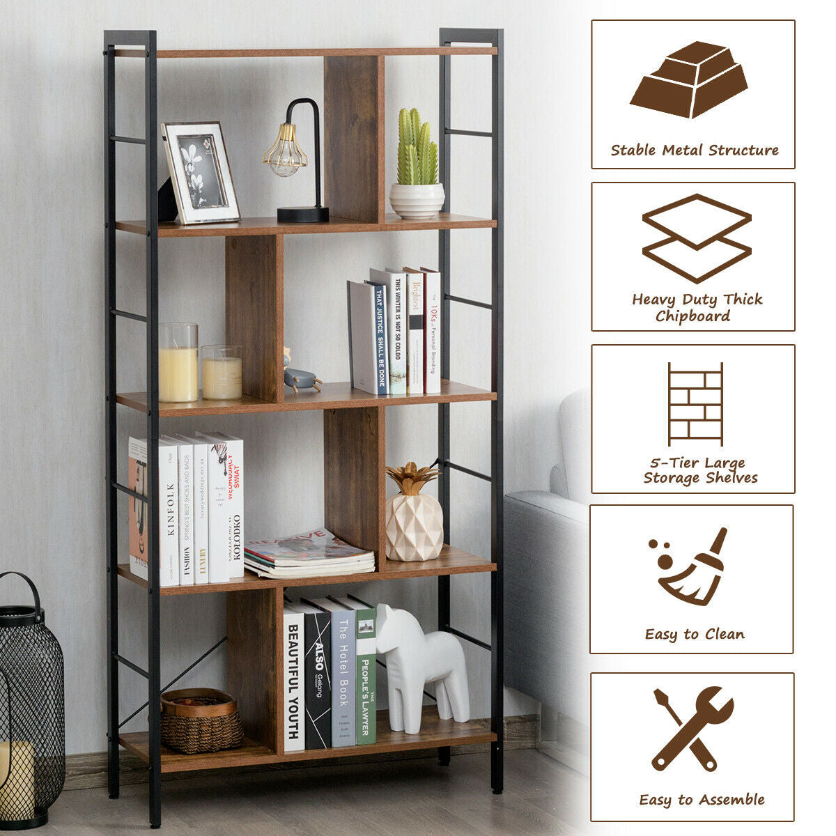 4-Tier Industrial Bookshelf Floor Standing Storage Rack Large Storage, Brown Bookcases at Gallery Canada