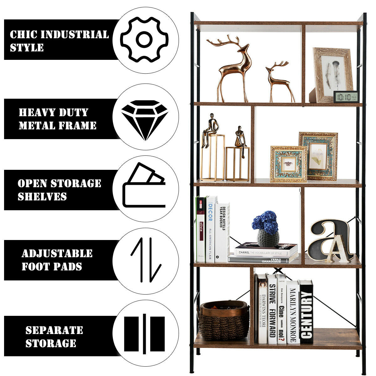 4-Tier Industrial Bookshelf Floor Standing Storage Rack Large Storage, Brown Bookcases at Gallery Canada