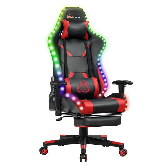 Massage Gaming Chair Ergonomic High Back with RGB Light and RecliningHandrails, Red - Gallery Canada