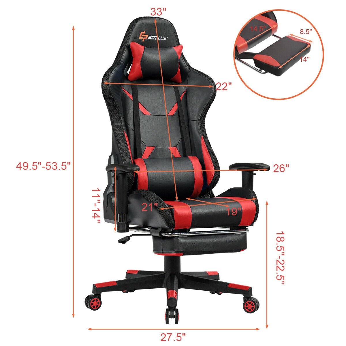 Massage Gaming Chair Ergonomic High Back with RGB Light and RecliningHandrails, Red - Gallery Canada