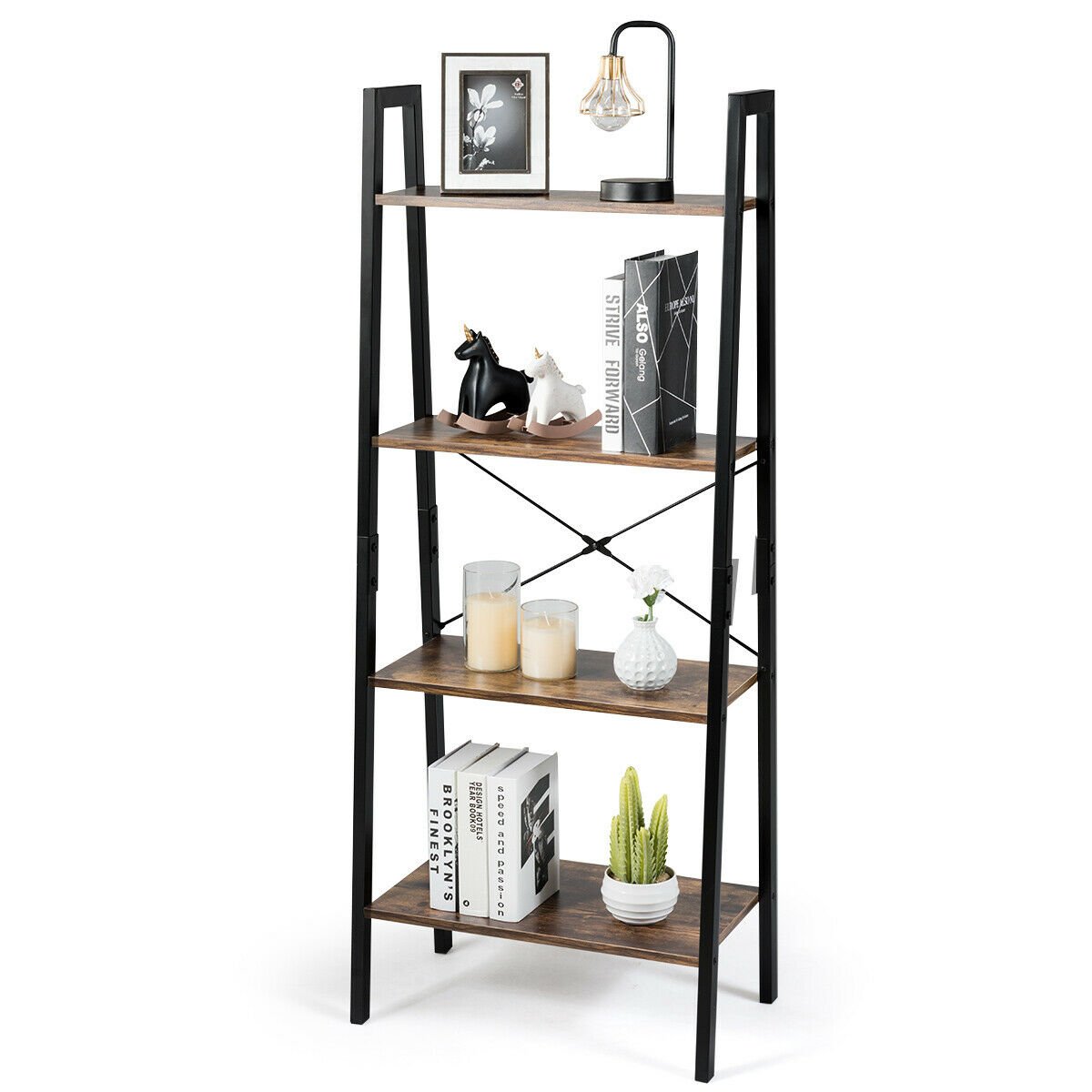 4-Tier Industrial Ladder Shelf with Metal Frame, Brown - Gallery Canada