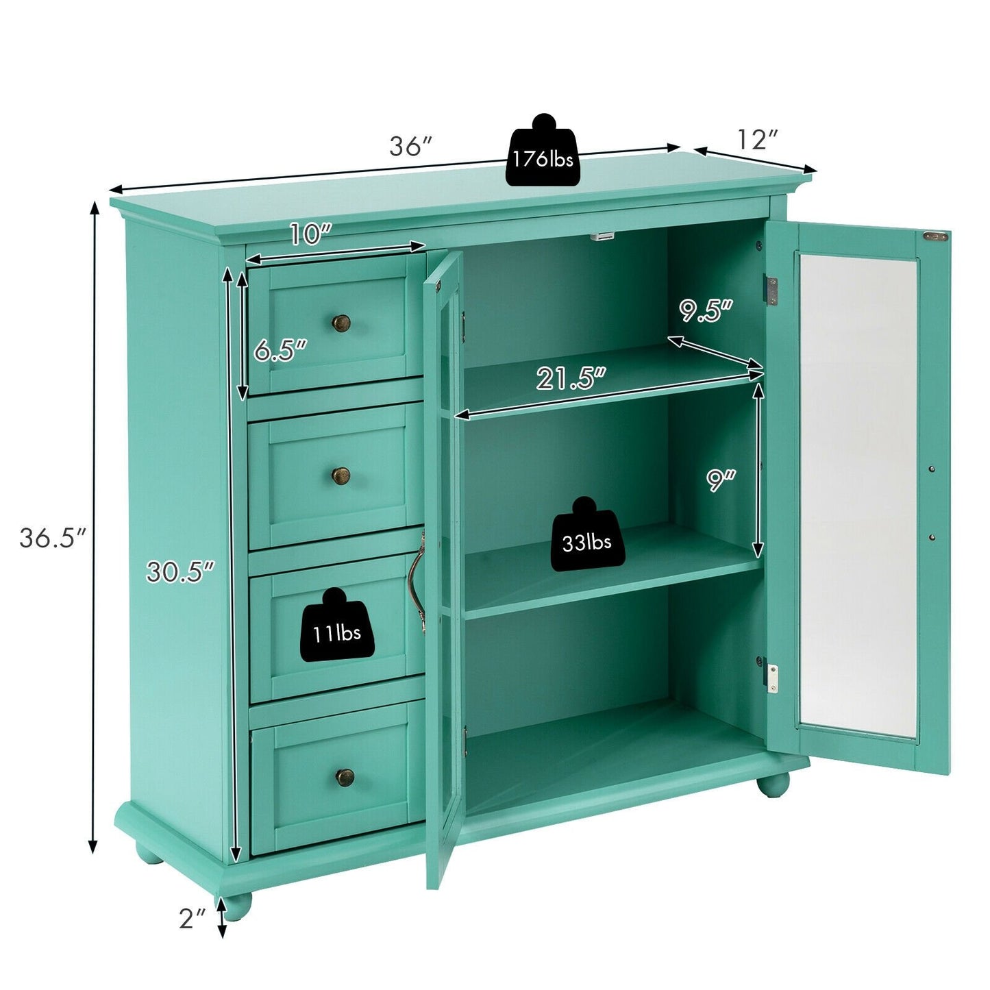 Buffet Sideboard Table Kitchen Storage Cabinet with Drawers and Doors, Green Sideboards Cabinets & Buffets at Gallery Canada