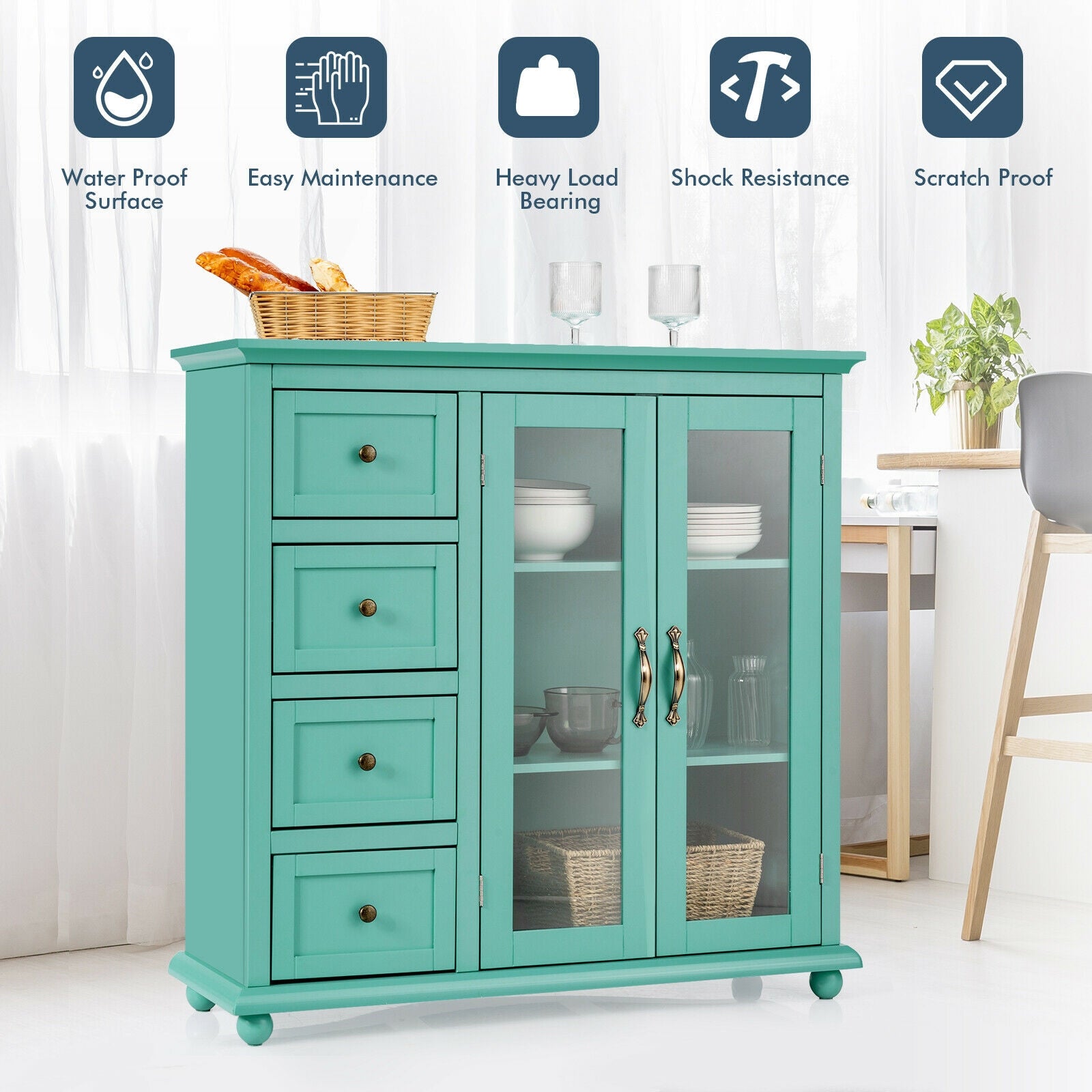 Buffet Sideboard Table Kitchen Storage Cabinet with Drawers and Doors, Green Sideboards Cabinets & Buffets at Gallery Canada