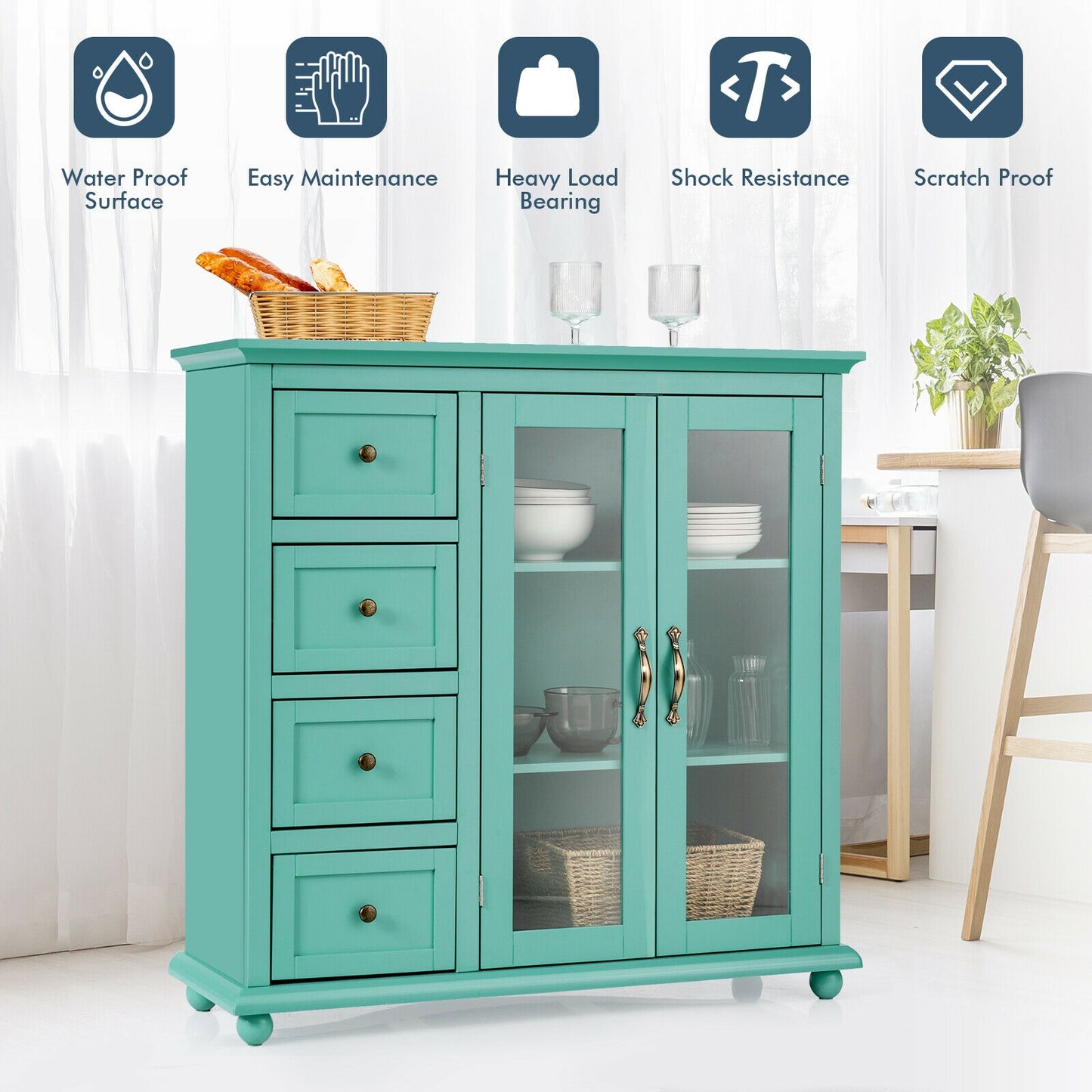 Buffet Sideboard Table Kitchen Storage Cabinet with Drawers and Doors, Green Sideboards Cabinets & Buffets at Gallery Canada