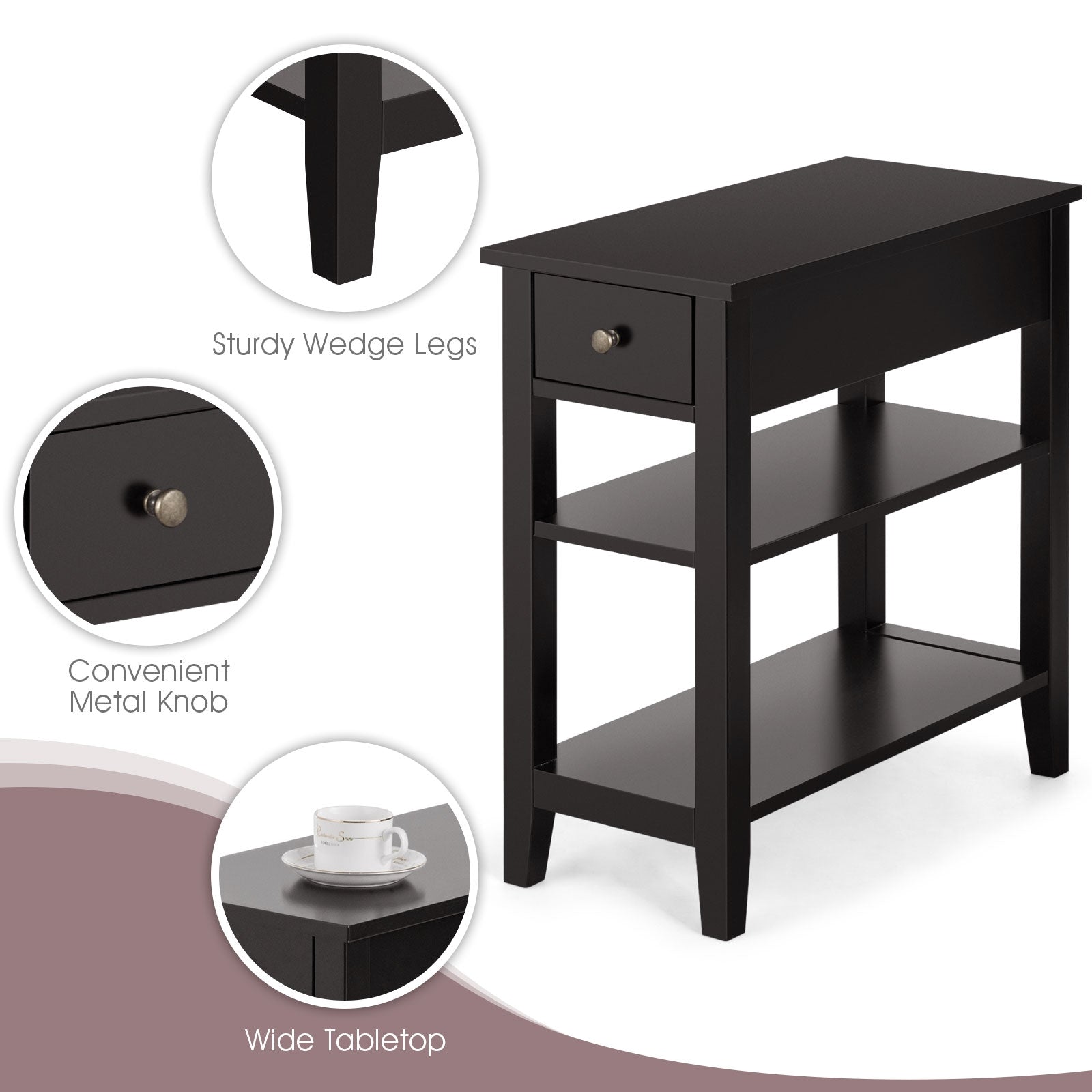 3-Tier Nightstand Bedside Table Sofa Side with Double Shelves Drawer, Brown Nightstands at Gallery Canada