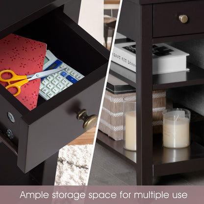 3-Tier Nightstand Bedside Table Sofa Side with Double Shelves Drawer, Brown Nightstands at Gallery Canada