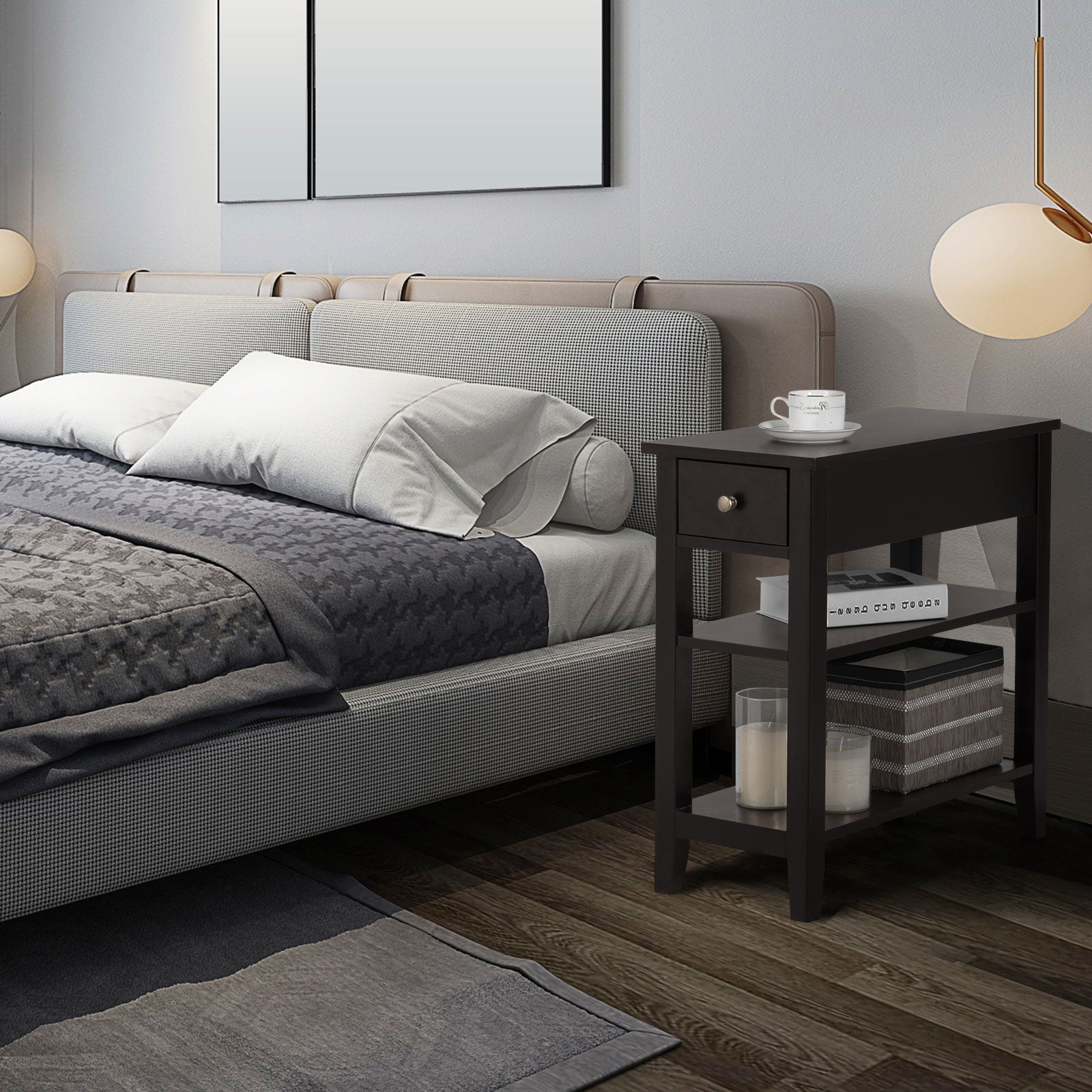 3-Tier Nightstand Bedside Table Sofa Side with Double Shelves Drawer, Brown Nightstands at Gallery Canada