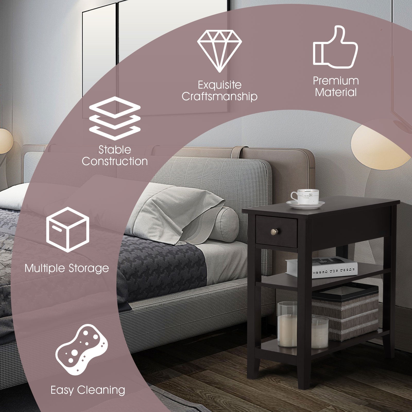 3-Tier Nightstand Bedside Table Sofa Side with Double Shelves Drawer, Brown Nightstands at Gallery Canada