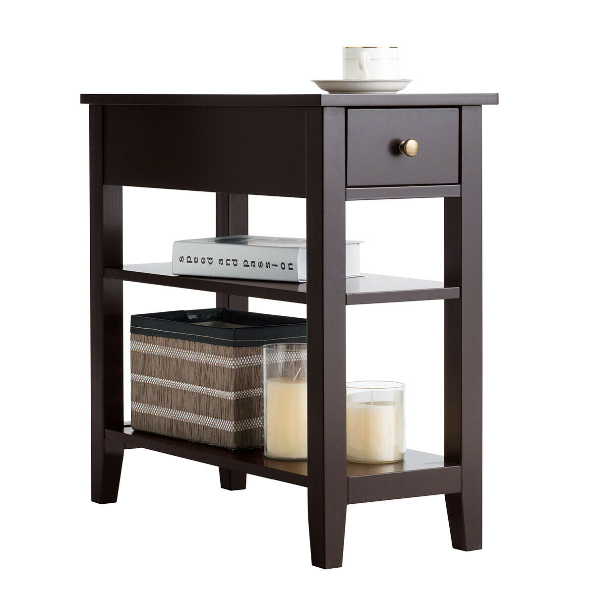 3-Tier Nightstand, Double Shelves Drawer, Brown
