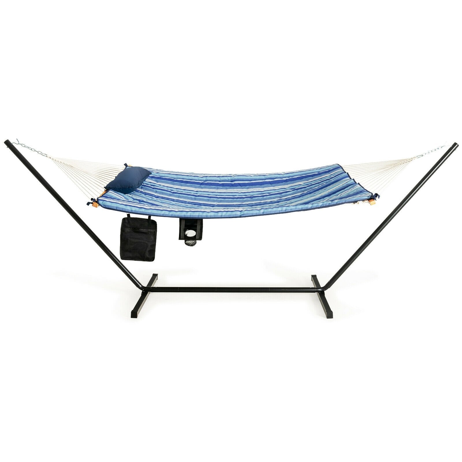 Hammock Chair Stand Set Cotton Swing with Pillow Cup Holder Indoor Outdoor, Blue - Gallery Canada