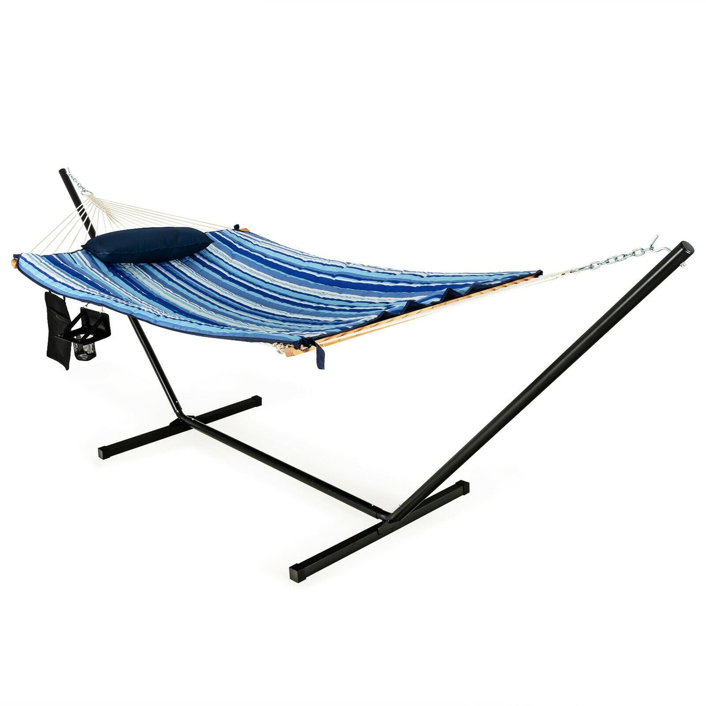 Hammock Chair Stand Set Cotton Swing with Pillow Cup Holder Indoor Outdoor, Blue - Gallery Canada