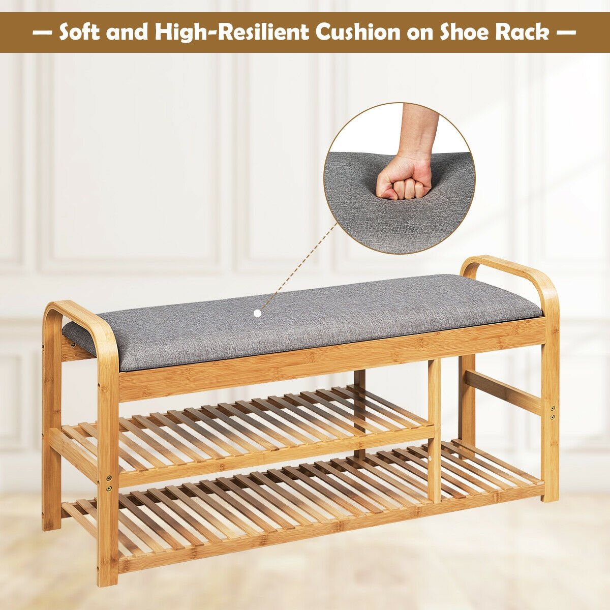 3-Tier Bamboo Shoe Rack Bench with Cushion, Natural - Gallery Canada