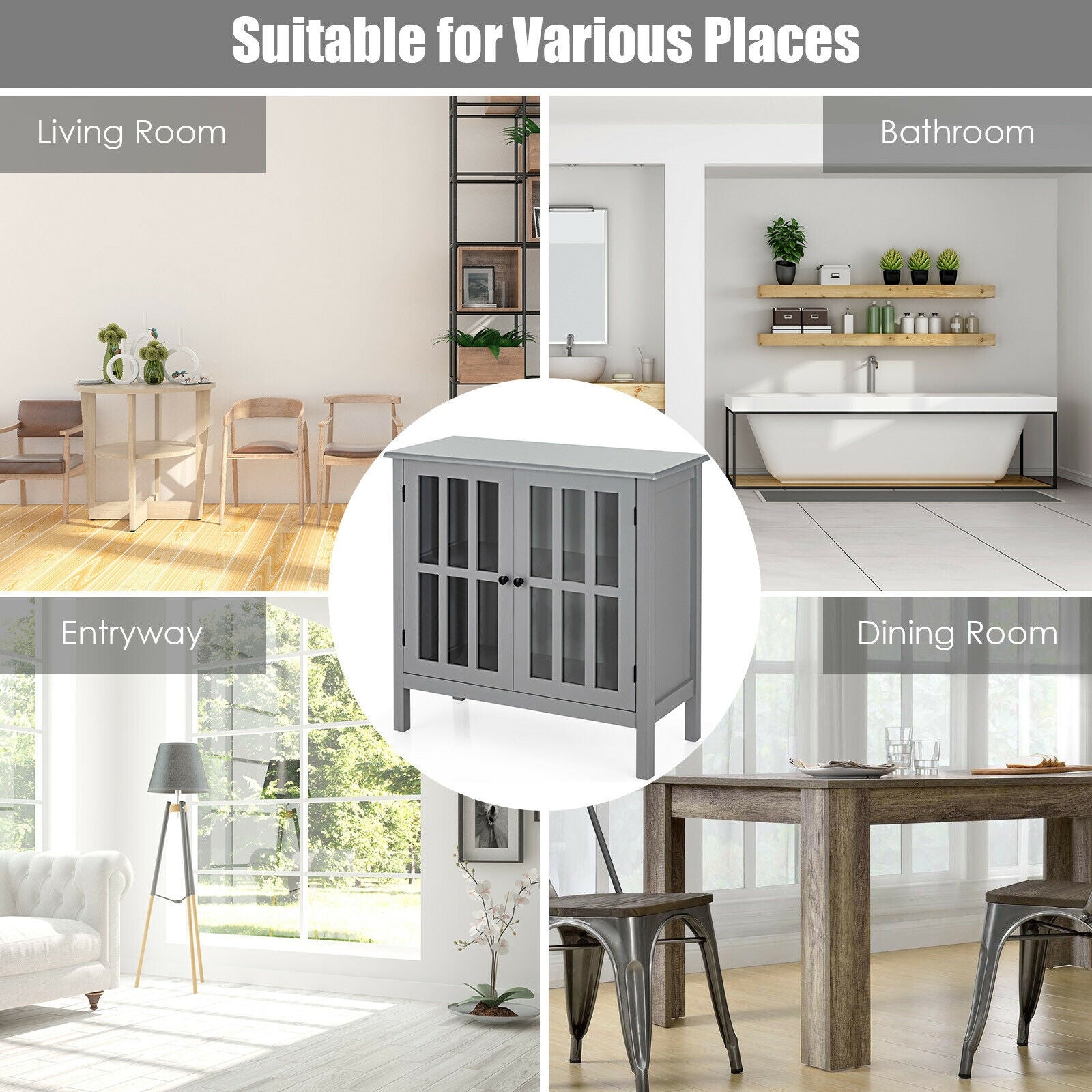 Glass Door Sideboard Console Storage Buffet Cabinet, Gray Sideboards Cabinets & Buffets at Gallery Canada