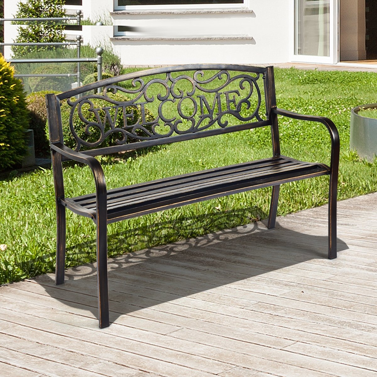 Outdoor Furniture Steel Frame Porch Garden Bench-bronze, Bronze - Gallery Canada