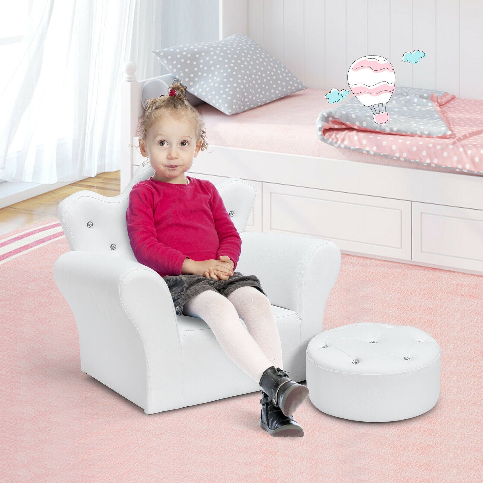 Children Upholstered Princess Sofa with Ottoman and Diamond Decoration for Boys and Girls, White Kids Chairs & Seating at Gallery Canada