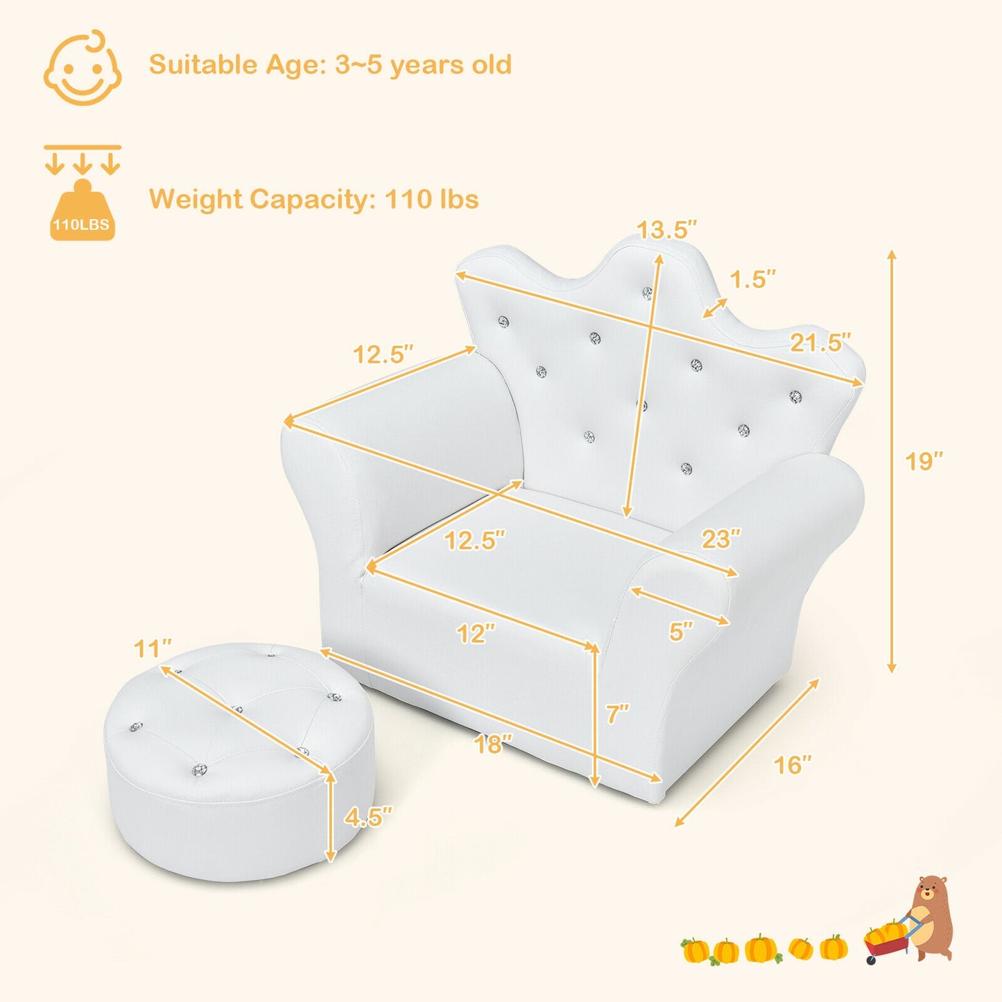 Children Upholstered Princess Sofa with Ottoman and Diamond Decoration for Boys and Girls, White Kids Chairs & Seating at Gallery Canada