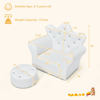 Children Upholstered Princess Sofa with Ottoman and Diamond Decoration for Boys and Girls, White Kids Chairs & Seating at Gallery Canada